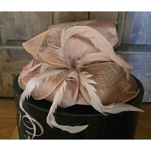 NIB Champagne Italy Antique Gold Derby Church Sun Hat Feathers And Bows